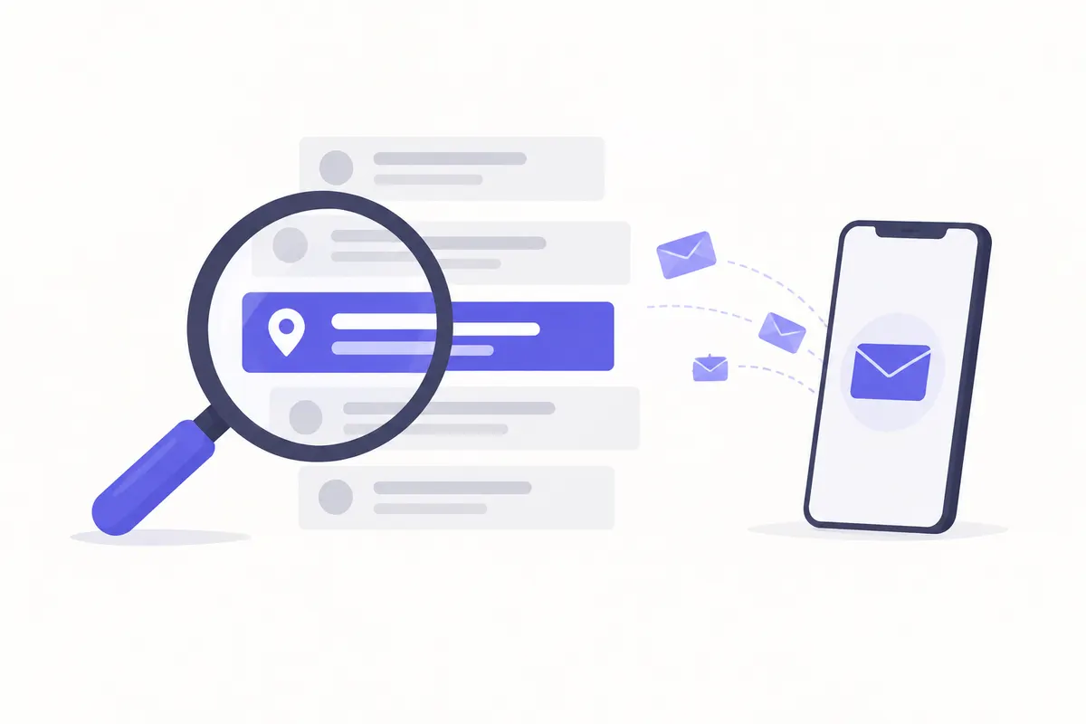 Illustration : une loupe fait ressortir un résultat de recherche, et des demandes arrivent sur un téléphone