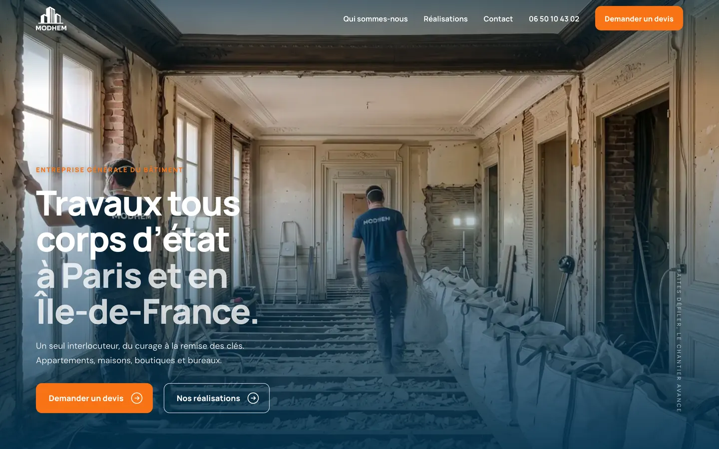 Page d'accueil du site d'une entreprise générale du bâtiment