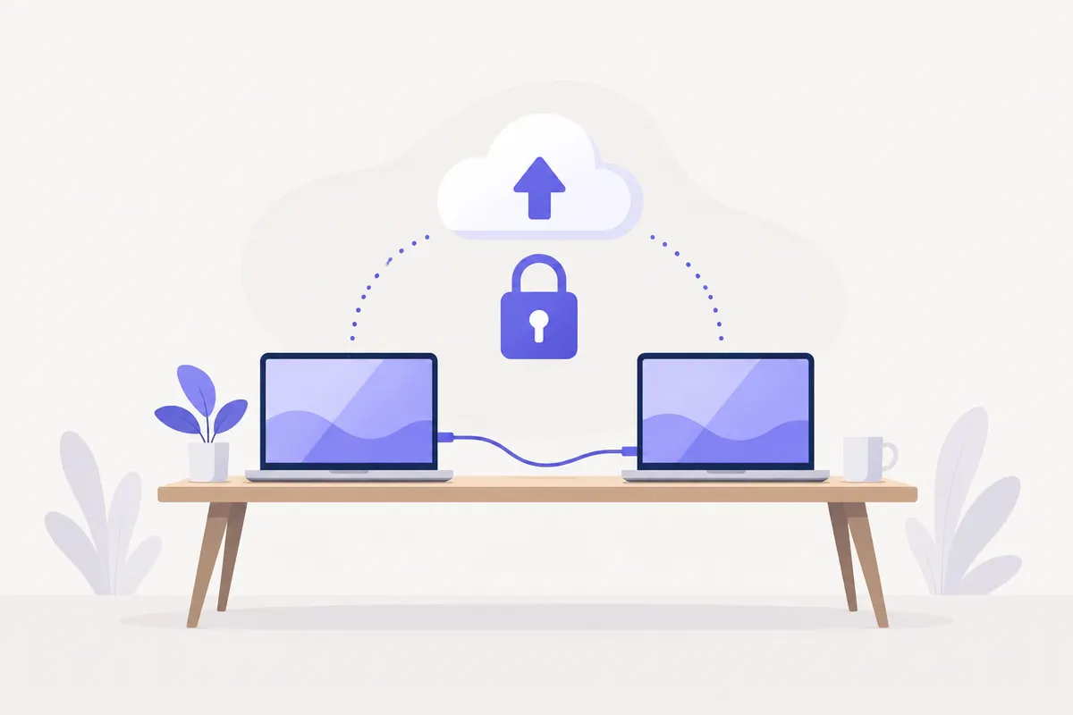 Illustration : deux ordinateurs reliés, protégés par un cadenas et sauvegardés dans un nuage
