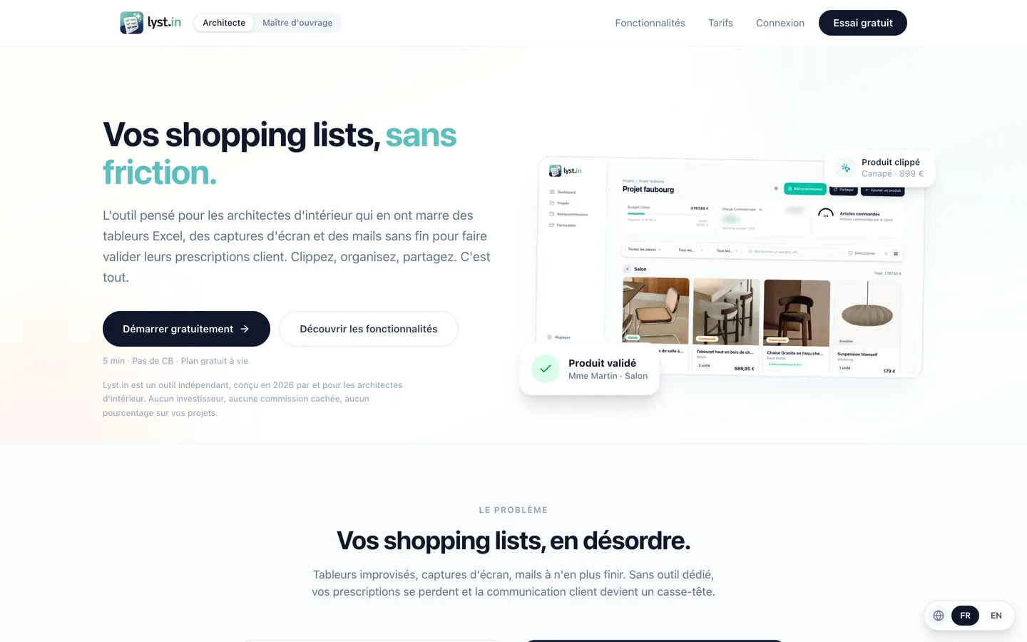 Page d'accueil d'un logiciel en ligne pour architectes d'intérieur